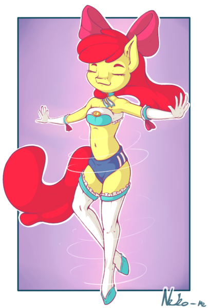 Size: 809x1200 | Tagged: safe, artist:neko-me, derpibooru import, apple bloom, anthro, earth pony, unguligrade anthro, apple bloomers, abstract background, armpits, balancing, bandeau, belly button, bow, breasts, busty apple bloom, clothes, eyes closed, female, gloves, hair bow, long gloves, midriff, older, shorts, socks, solo, stockings, thigh highs