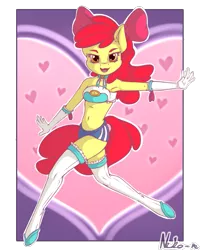 Size: 901x1125 | Tagged: safe, artist:neko-me, derpibooru import, apple bloom, anthro, earth pony, unguligrade anthro, apple bloomers, abstract background, action pose, armpits, bandeau, belly button, bow, breasts, busty apple bloom, clothes, female, gloves, hair bow, heart, long gloves, looking at you, midriff, older, open mouth, shorts, socks, solo, stockings, thigh highs