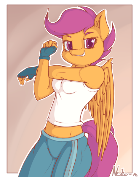 Size: 937x1200 | Tagged: abstract background, anthro, apple bloomers, artist:neko-me, belly button, breasts, busty scootaloo, clothes, derpibooru import, female, fingerless gloves, fit, gloves, grin, looking at you, midriff, older, pants, pegasus, safe, scootaloo, shirt, smiling, solo, stretching, tanktop