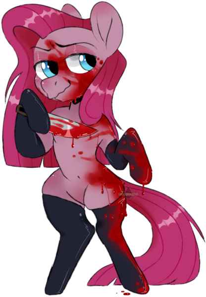 Size: 684x986 | Tagged: semi-grimdark, suggestive, artist:incubugs, derpibooru import, pinkie pie, earth pony, pony, blood, blushing, clothes, female, knife, latex, latex socks, mare, pinkamena diane pie, simple background, smiling, socks, solo, transparent background