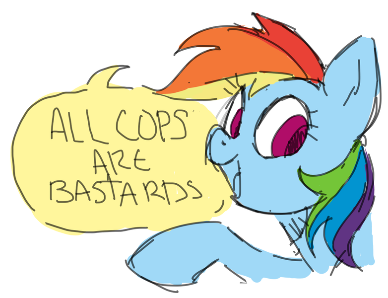 Size: 1218x935 | Tagged: safe, artist:spushii, derpibooru import, rainbow dash, pegasus, pony, acab, anarchism, cops, female, half body, harsher in hindsight, insult, looking at something, looking at you, mare, mouthpiece, op started shit, open mouth, politics, raised hoof, simple background, smiling, solo, speech bubble, text, white background