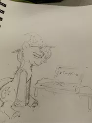 Size: 3024x4032 | Tagged: artist needed, safe, derpibooru import, trixie, pony, unicorn, /mlp/, computer, female, hat, implying, laptop computer, mare, monochrome, shitposting, simple background, sitting, solo, traditional art