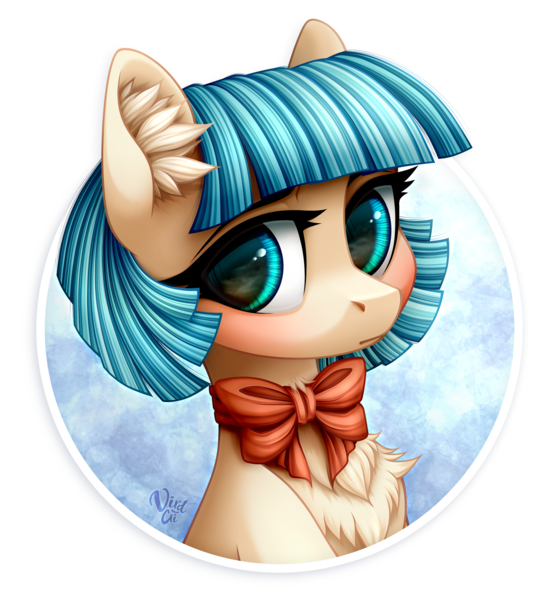 Size: 2150x2315 | Tagged: safe, artist:vird-gi, derpibooru import, coco pommel, earth pony, pony, blushing, bow, chest fluff, female, looking at you, mare, solo