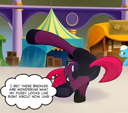 Size: 846x751 | Tagged: suggestive, derpibooru import, edit, edited screencap, screencap, tempest shadow, pony, my little pony: the movie, acrobatics, armor, broken horn, bronybait, butt, eye scar, female, fourth wall, horn, mare, plot, scar, solo, thought bubble, underhoof