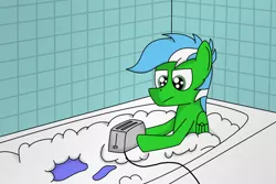 Size: 1280x853 | Tagged: safe, artist:nitro-banana, derpibooru import, oc, oc:nitro banana, unofficial characters only, pegasus, pony, bath, bathing, bathroom, bathtub, foam, implied suicide, male, solo, toaster