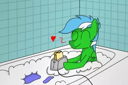 Size: 1280x853 | Tagged: artist:nitro-banana, bad idea, bath, bathing, bathroom, bathtub, bread, derpibooru import, foam, food, happy, heart, implied suicide, male, oc, oc:nitro banana, safe, solo, this will end in death, toast, toaster, unofficial characters only, water