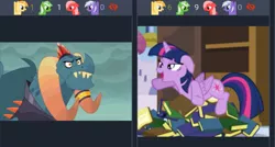 Size: 1105x591 | Tagged: safe, derpibooru import, dragon lord torch, twilight sparkle, twilight sparkle (alicorn), oc, oc:comment, oc:downvote, oc:favourite, oc:upvote, ponified, alicorn, dragon, pony, derpibooru, book, book nest, bookhorse, derpibooru ponified, juxtaposition, lidded eyes, looking at each other, meta, puzzled