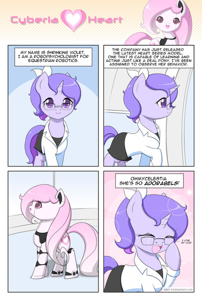 Size: 1200x1800 | Tagged: safe, artist:jdan-s, derpibooru import, oc, oc:cyberia heart, oc:doctor violet, unofficial characters only, pony, robot, robot pony, 4koma, adorkable, bow, clothes, comic, cute, dork, glasses, lab coat, moe, ocbetes, ponytail, skirt