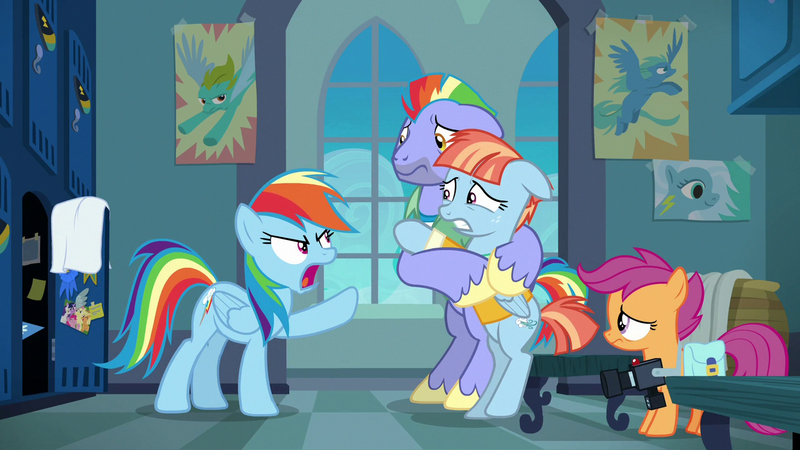 Size: 1280x720 | Tagged: safe, derpibooru import, screencap, bow hothoof, rainbow dash, scootaloo, windy whistles, pegasus, pony, parental glideance, angry, beard, bipedal, camera, clothes, facial hair, father and child, father and daughter, female, filly, floppy ears, foal, folded wings, freckles, frown, furious, hug, husband and wife, locker room, male, mare, mohawk, mother and child, mother and daughter, multicolored mane, multicolored tail, rainbow dash is not amused, rant, sad, scared, shocked, sin of wrath, stallion, tearjerker, unamused, window, wings, wow, yelling