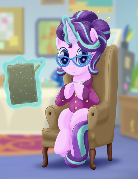 Size: 1860x2420 | Tagged: safe, artist:lifesharbinger, derpibooru import, starlight glimmer, pony, unicorn, chair, clipboard, clothes, female, glasses, guidance counselor, levitation, magic, pencil, sitting, solo, starlight glimmer day, telekinesis, underhoof