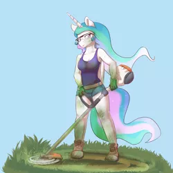 Size: 2400x2400 | Tagged: alicorn, anthro, artist:alasou, breasts, busty princess celestia, cleavage, clothes, converse, derpibooru import, dirty, female, gloves, goggles, grass, high res, hilarious in hindsight, looking at you, mare, plantigrade anthro, princess celestia, safe, safety goggles, shoes, shorts, sneakers, solo, weed whacker