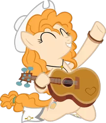 Size: 3834x4447 | Tagged: safe, artist:ironm17, derpibooru import, pear butter, earth pony, pony, bolo tie, boots, bracelet, country, cowboy boots, cowboy hat, eyes closed, guitar, hat, jewelry, left handed, musical instrument, raised hoof, shoes, simple background, solo, transparent background, vector