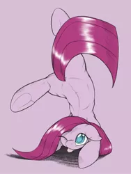 Size: 1500x2000 | Tagged: safe, artist:kurogewapony, derpibooru import, pinkie pie, earth pony, pony, :p, colored pupils, cute, cuteamena, diapinkes, female, floppy ears, handstand, looking up, mare, mlem, one eye closed, pink background, pinkamena diane pie, silly, simple background, solo, tongue out, underhoof, upside down, wink