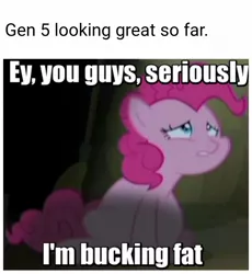 Size: 1080x1176 | Tagged: safe, derpibooru import, edit, edited screencap, editor:apex soundwave, screencap, pinkie pie, earth pony, pony, the cutie map, baked bads, caption, cropped, fat, female, g5, image macro, impact font, mare, pudgy pie, solo, stolen meme, text, winnie the pink