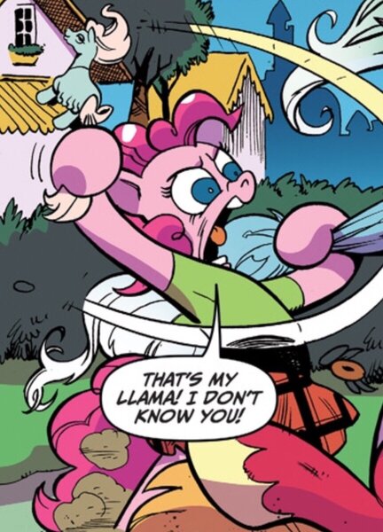 Size: 864x1200 | Tagged: safe, artist:andypriceart, derpibooru import, idw, big macintosh, pinkie pie, princess celestia, llama, pony, spoiler:comic, spoiler:comic76, cropped, female, king of the hill, mare, official comic, reference, speech bubble, that's my purse i don't know you