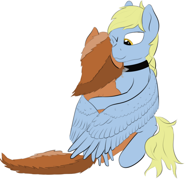 Size: 3668x3543 | Tagged: safe, artist:barhandar, deleted from derpibooru, derpibooru import, oc, oc:sign, oc:windswept skies, pegasus, pony, unicorn, braid, charm, cheek squish, collar, duo, female, hug, male, mare, missing accessory, one eye closed, rear view, simple background, sitting, squishy cheeks, stallion, transparent background, winghug