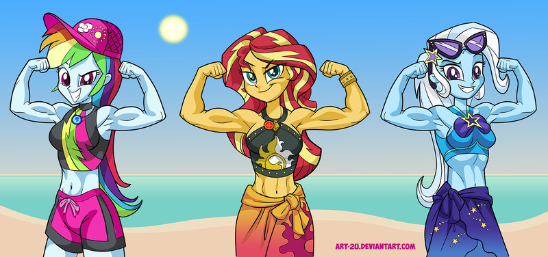 Size: 1929x906 | Tagged: safe, artist:art-2u, derpibooru import, rainbow dash, sunset shimmer, trixie, equestria girls, equestria girls series, forgotten friendship, armpits, beach, belly button, biceps, bracelet, clothes, flexing, geode of empathy, geode of super speed, grand and muscular trixie, hat, jewelry, looking at you, magical geodes, midriff, muscles, necklace, rainbuff dash, sarong, smiling, sun, sunglasses, sunset lifter, swimsuit