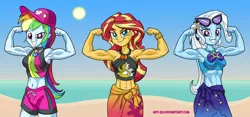 Size: 1929x906 | Tagged: safe, artist:art-2u, derpibooru import, rainbow dash, sunset shimmer, trixie, equestria girls, equestria girls series, forgotten friendship, armpits, beach, belly button, biceps, bracelet, clothes, flexing, geode of empathy, geode of super speed, grand and muscular trixie, hat, jewelry, looking at you, magical geodes, midriff, muscles, necklace, rainbuff dash, sarong, smiling, sun, sunglasses, sunset lifter, swimsuit