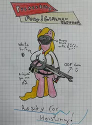 Size: 3010x4096 | Tagged: safe, artist:juani236, derpibooru import, oc, oc:pink flame, unofficial characters only, earth pony, pony, suited for success, clothes, ecology, flamethrower, gas can, graph paper, hind legs, mask, oof, payday 2, payday the heist, pink skin, solo, suit, traditional art, weapon, what i just made?, white suit, yellow hair