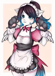 Size: 1697x2356 | Tagged: anthro, anthro oc, artist:nath, bow, cat ears, cat paws, clothes, commission, cosplay, costume, crossdressing, cute, derpibooru import, femboy, male, oc, oc:ice energy, pegasus, ribbon, socks, solo, solo male, stallion, stockings, suggestive, thigh highs, unofficial characters only, ych result