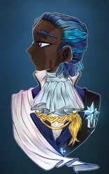 Size: 2267x3628 | Tagged: african, alternate hairstyle, artist:schokocream, blue background, bust, dark skin, derpibooru import, human, humanized, male, portrait, prince, royal, royal guard, safe, scar, scared, serious, serious face, shining armor, simple background, solo, stallion