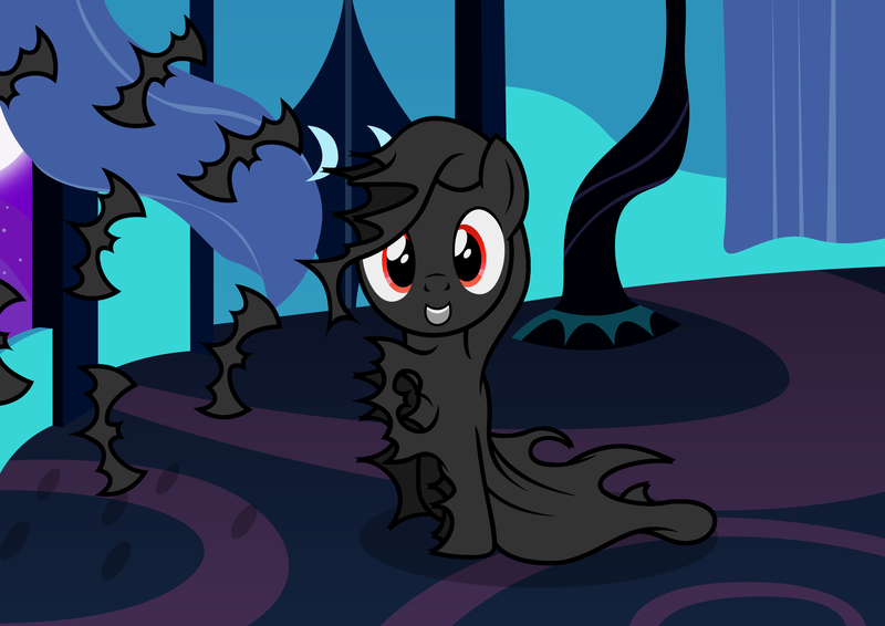 Size: 2820x1994 | Tagged: safe, artist:badumsquish, derpibooru import, oc, unofficial characters only, bat, clothes pony, monster pony, original species, pony, bat cloak, bedroom, cloak, clothes, curtain, female, grin, happy, implied princess luna, looking at you, luna's room, night, red eyes, sitting, smiling, solo, transformation, window