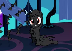 Size: 2820x1994 | Tagged: safe, artist:badumsquish, derpibooru import, oc, unofficial characters only, bat, clothes pony, monster pony, original species, pony, bat cloak, bedroom, cloak, clothes, curtain, female, grin, happy, implied princess luna, looking at you, luna's room, night, red eyes, sitting, smiling, solo, transformation, window