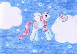 Size: 1280x902 | Tagged: artist:normaleeinsane, cat, cloud, derpibooru import, g1, pink dreams, safe, solo, stars, traditional art