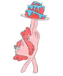 Size: 1280x1536 | Tagged: safe, artist:somelazyassartist, derpibooru import, pinkie pie, earth pony, pony, :p, balancing, cake, chest fluff, cupcake, cute, diapinkes, ear fluff, eyes on the prize, female, food, freckles, handstand, mare, plate, ponies balancing stuff on their nose, profile, silly, simple background, smiling, solo, tongue out, transparent background, upside down