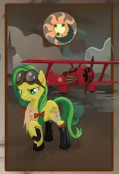 Size: 1403x2053 | Tagged: safe, artist:devinian, derpibooru import, apple fritter, earth pony, pony, aircraft, apple family member, blood, clothes, goggles, solo