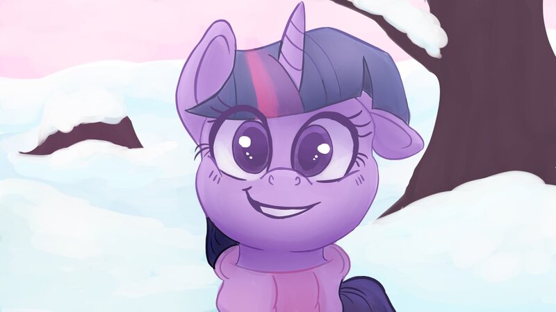 Size: 1280x720 | Tagged: safe, artist:marsclaws, derpibooru import, twilight sparkle, pony, unicorn, bust, clothes, colored pupils, cute, eye clipping through hair, floppy ears, looking at you, portrait, scarf, snow, solo, twiabetes, winter