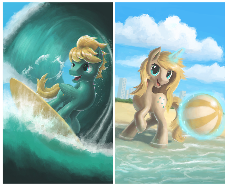 Size: 2070x1696 | Tagged: safe, artist:plainoasis, derpibooru import, oc, oc:bruce, oc:starcrossed, pegasus, pony, unicorn, duo, mascot, ponycon au, surfing