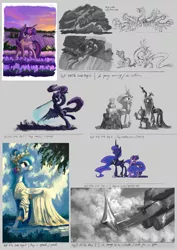 Size: 2663x3767 | Tagged: safe, artist:plainoasis, derpibooru import, princess celestia, princess luna, queen chrysalis, twilight sparkle, twilight sparkle (alicorn), alicorn, changeling, pony, cake, clothes, dress, food, sword, weapon