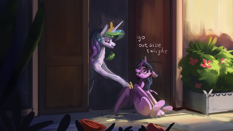 Size: 1920x1080 | Tagged: safe, artist:alumx, artist:hierozaki, derpibooru import, princess celestia, twilight sparkle, twilight sparkle (alicorn), alicorn, pony, bipedal, bush, collaboration, crown, dialogue, door, doorway, faic, female, floppy ears, flower, frown, grin, hoof shoes, jewelry, lidded eyes, looking at you, make some friends, mare, open mouth, outdoors, pushing, regalia, rose, scared, scooting, sitting, smiling, spread wings, text, wide eyes, wings