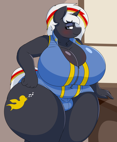 Size: 2267x2747 | Tagged: alternate version, anthro, anthro oc, artist:coatieyay, bbw, bedroom eyes, big breasts, blushing, breasts, busty velvet remedy, chubby, clothes, crotch bulge, cutie mark, derpibooru import, fallout equestria, fanfic, fanfic art, fat, female, futa, futa velvet remedy, horn, huge breasts, impossibly large breasts, intersex, oc, oc:velvet remedy, questionable, solo, solo futa, thighs, thunder thighs, unofficial characters only, vault suit, wide hips