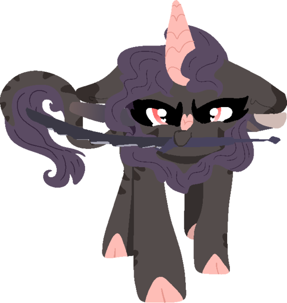 Size: 658x696 | Tagged: angry, artist:nootaz, changeling, changeling oc, derpibooru import, disguise, disguised changeling, heart, hybrid, kirin, kirin oc, looking at you, monster hunter, monster hunter world, oc, oc:dazzling flash, purple changeling, safe, simple background, sword, transparent background, weapon, zebra, zebra oc