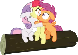 Size: 3759x2656 | Tagged: safe, artist:frownfactory, derpibooru import, apple bloom, scootaloo, sweetie belle, earth pony, pegasus, pony, unicorn, sleepless in ponyville, .svg available, cutie mark crusaders, eyes closed, female, filly, floppy ears, horn, hug, log, scared, simple background, svg, transparent background, vector, wings