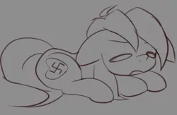 Size: 787x513 | Tagged: safe, artist:an-m, derpibooru import, oc, oc:aryanne, pony, annoyed, aryan, aryan pony, blonde, earth, female, floor, frown, lineart, lying down, nazi, nazipone, on, sad, sketch, swastika