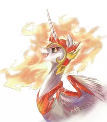 Size: 1120x1280 | Tagged: safe, artist:mrdelta1, derpibooru import, daybreaker, princess celestia, alicorn, pony, ear fluff, female, helmet, mane of fire, mare, open mouth, peytral, profile, sharp teeth, simple background, solo, teeth, white background