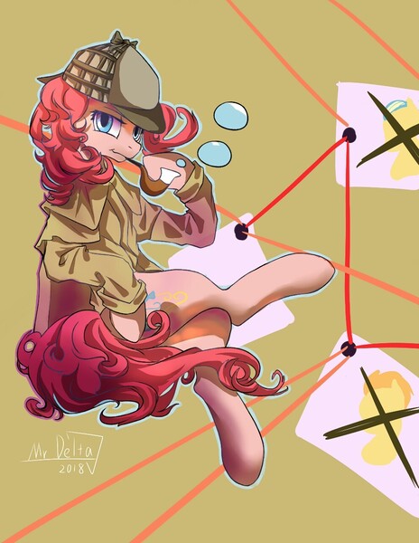 Size: 990x1280 | Tagged: safe, artist:mrdelta1, derpibooru import, pinkie pie, earth pony, pony, bubble, clothes, cute, deerstalker, detective, diapinkes, female, hat, mare, pipe, sherlock holmes, solo