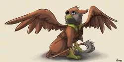 Size: 2310x1168 | Tagged: safe, artist:kam, deleted from derpibooru, derpibooru import, oc, oc:peregrine, gryphon, ponyfinder, dungeons and dragons, griffon oc, gun, handgun, male, pen and paper rpg, revolver, rpg, simple background, solo, weapon, wings