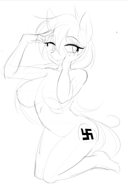 Size: 642x916 | Tagged: anthro, artist:randy, aryan, aryan pony, ass, big breasts, blonde, breasts, butt, complete nudity, derpibooru import, featureless crotch, hiding face, hips, lineart, nazi, nazipone, nudity, oc, oc:aryanne, practice drawing, questionable, sketch, smiling, swastika