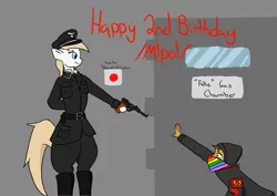 Size: 4092x2893 | Tagged: alternate version, anthro, antifa, arm hooves, artist:anonymous, aryan pony, clothes, derpibooru import, execution, female, gas chamber, gun, hat, human, imminent death, military, /mlpol/, nazi, oc, oc:aryanne, politics, schutzstaffel, semi-grimdark, text, uniform, weapon