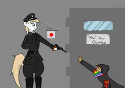 Size: 4092x2893 | Tagged: alternate version, anthro, antifa, arm hooves, artist:anonymous, aryan pony, clothes, derpibooru import, execution, female, gas chamber, gun, hat, human, imminent death, military, /mlpol/, nazi, oc, oc:aryanne, politics, schutzstaffel, semi-grimdark, uniform, weapon