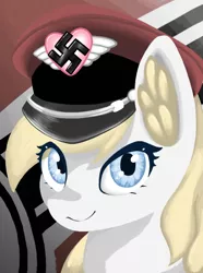 Size: 744x1000 | Tagged: safe, artist:anonymous, derpibooru import, oc, oc:aryanne, earth pony, pony, aryan, aryan pony, blonde, close-up, cute, ear fluff, flag, hat, heart, looking, nazi, nazipone, profile picture, swastika