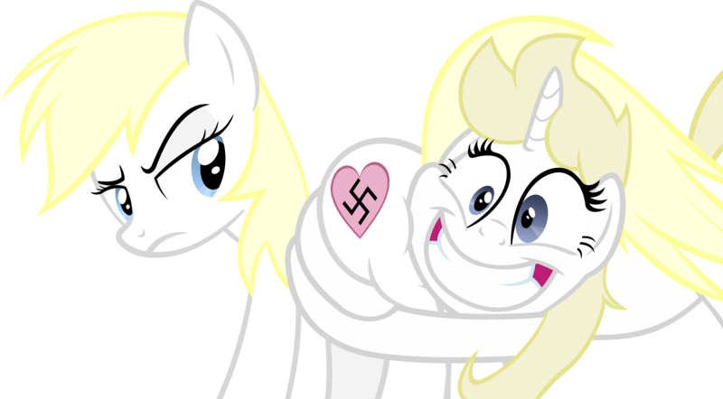 Size: 4290x2370 | Tagged: safe, artist:accu, derpibooru import, oc, oc:aryanne, oc:franziska, earth pony, pony, unicorn, angry, aryan, aryan pony, blonde, butt, butt touch, butthug, disapproval, face, faceful of ass, grabbing, hug, looking back, nazi, nazipone, not gay, plot, smiling, swastika, vector