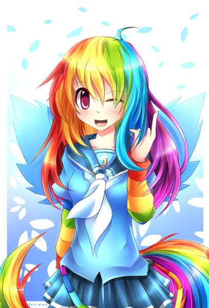 Size: 1060x1562 | Tagged: safe, artist:fenrixion, derpibooru import, rainbow dash, human, anime, blushing, clothes, colored pupils, cute, dashabetes, female, happy, humanized, moe, multicolored hair, one eye closed, pixiv, pleated skirt, skirt, smiling, solo, tailed humanization, uniform, winged humanization, wings, wink