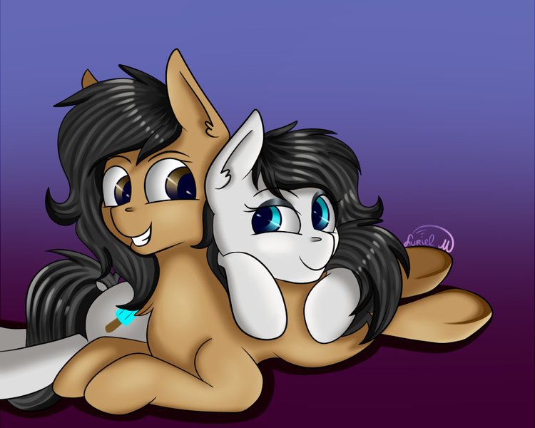 Size: 1000x800 | Tagged: safe, artist:luriel maelstrom, derpibooru import, oc, oc:frostie, oc:sketcher, unofficial characters only, earth pony, pony, cuddling, cute, looking at each other, signature, simple background, smiling