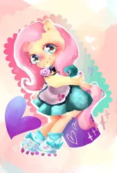 Size: 460x680 | Tagged: safe, artist:naginiko, derpibooru import, fluttershy, ponified, pony, coinky-dink world, eqg summertime shorts, equestria girls, accessory swap, bipedal, clothes, cute, dress, equestria girls ponified, heart, looking at you, pink background, roller skates, shyabetes, simple background, solo