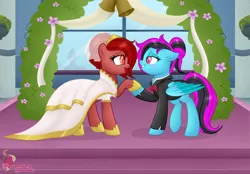 Size: 2962x2059 | Tagged: safe, artist:raspberrystudios, derpibooru import, oc, unofficial characters only, pony, bell, clothes, commission, dress, female, flower, hoof hold, lesbian, mare, marriage, tuxedo, veil, wedding, wedding dress, window